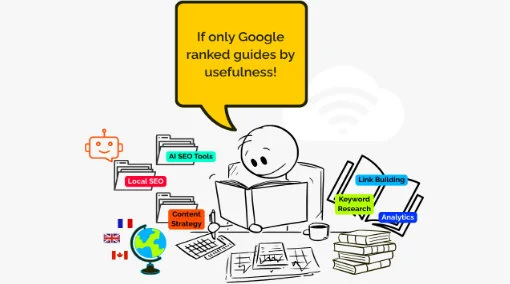 Stick figure with open books, surrounded by digital and AI tools, representing a collection of SEO resources such as guides and strategies for improving search engine rankings.